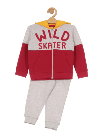 WILD SKATER PRINTED HOODED SWEATSHIRT SET - RED - Thumbnail