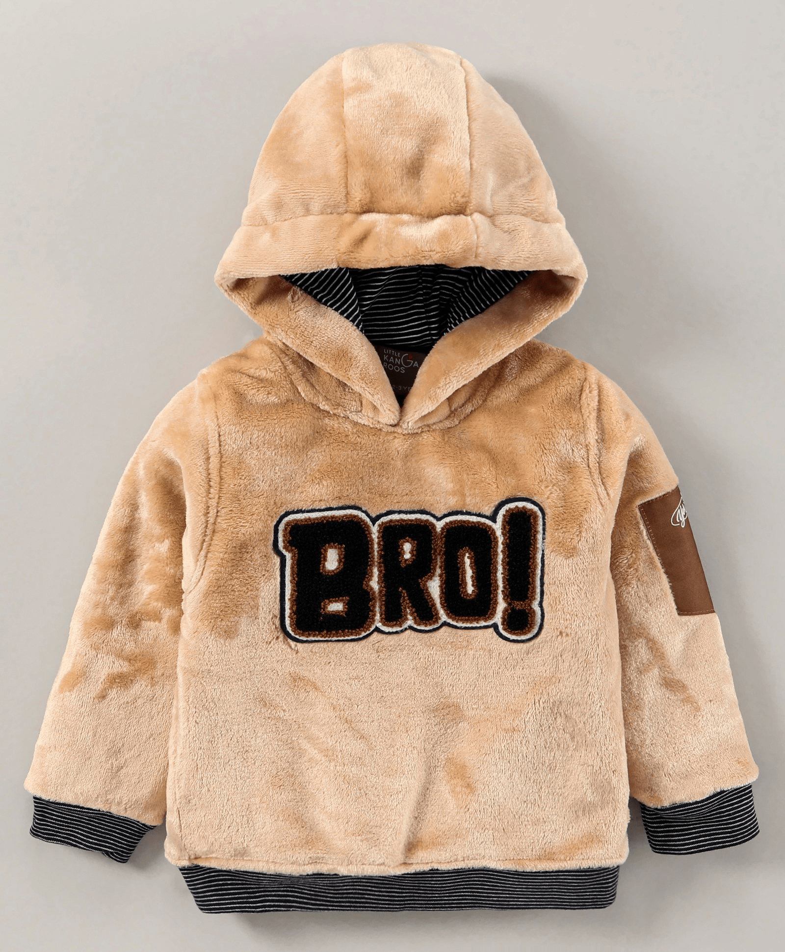 Little Kangaroos Full Sleeves Hooded Sweatshirt Text Embroidery - Fawn - Thumbnail