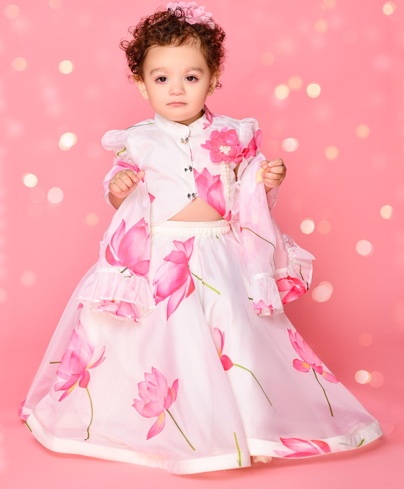 Saka Designs By Sapna Half Sleeves Floral Printed Lehenga Choli With Dupatta - Cream - Thumbnail