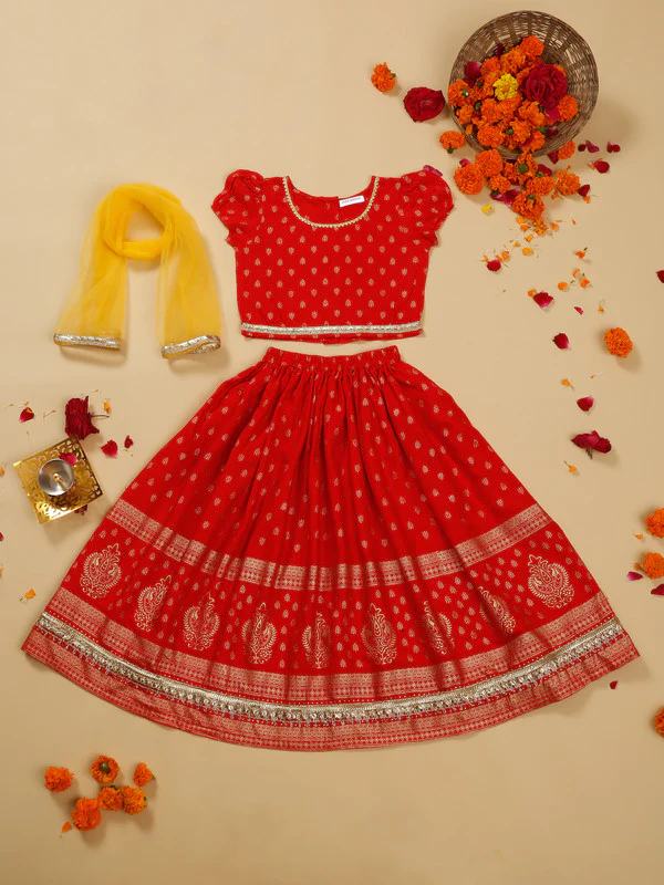 Saka Designs Rayon Woven Half Sleeves Choli Lehenga Set with Dupatta- Red and Gold - Thumbnail