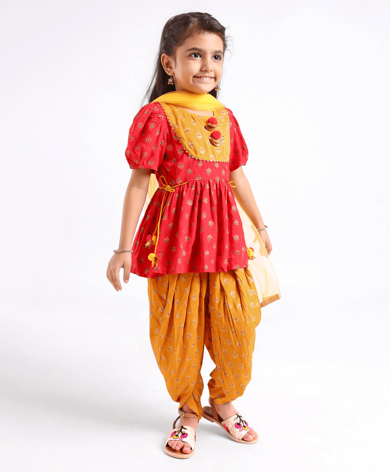 Saka Designs Short Sleeves Printed Kurti & Dhoti Pant With Dupatta - Red Yellow - Thumbnail