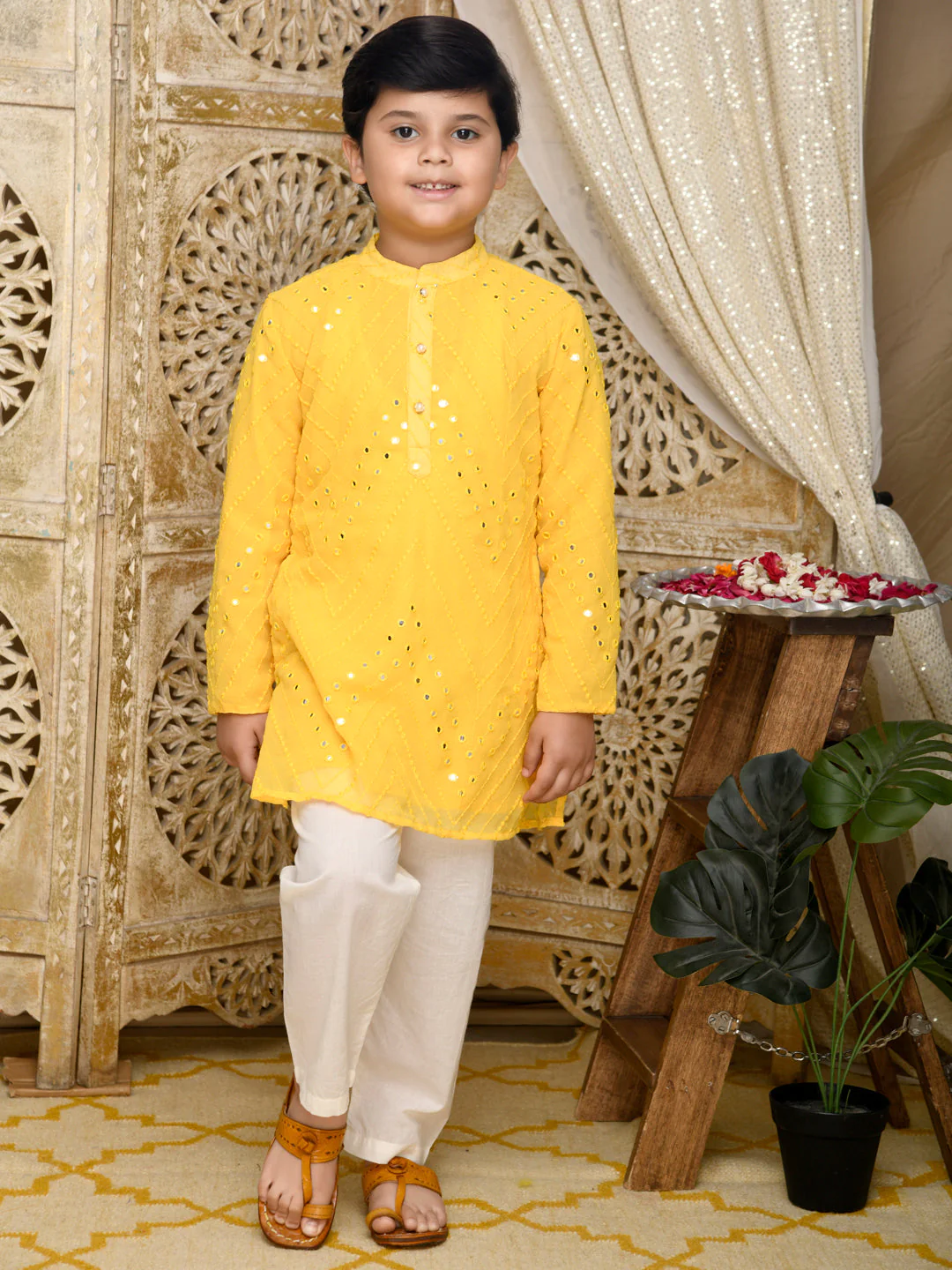 Saka Designs Yellow Emberoidered Kurta With Paijami For Boys - Thumbnail