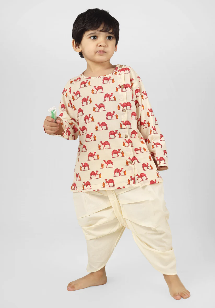 Polka Tots Full Sleeve Camel Print Angrakha Top With Dhoti - Cream - Thumbnail